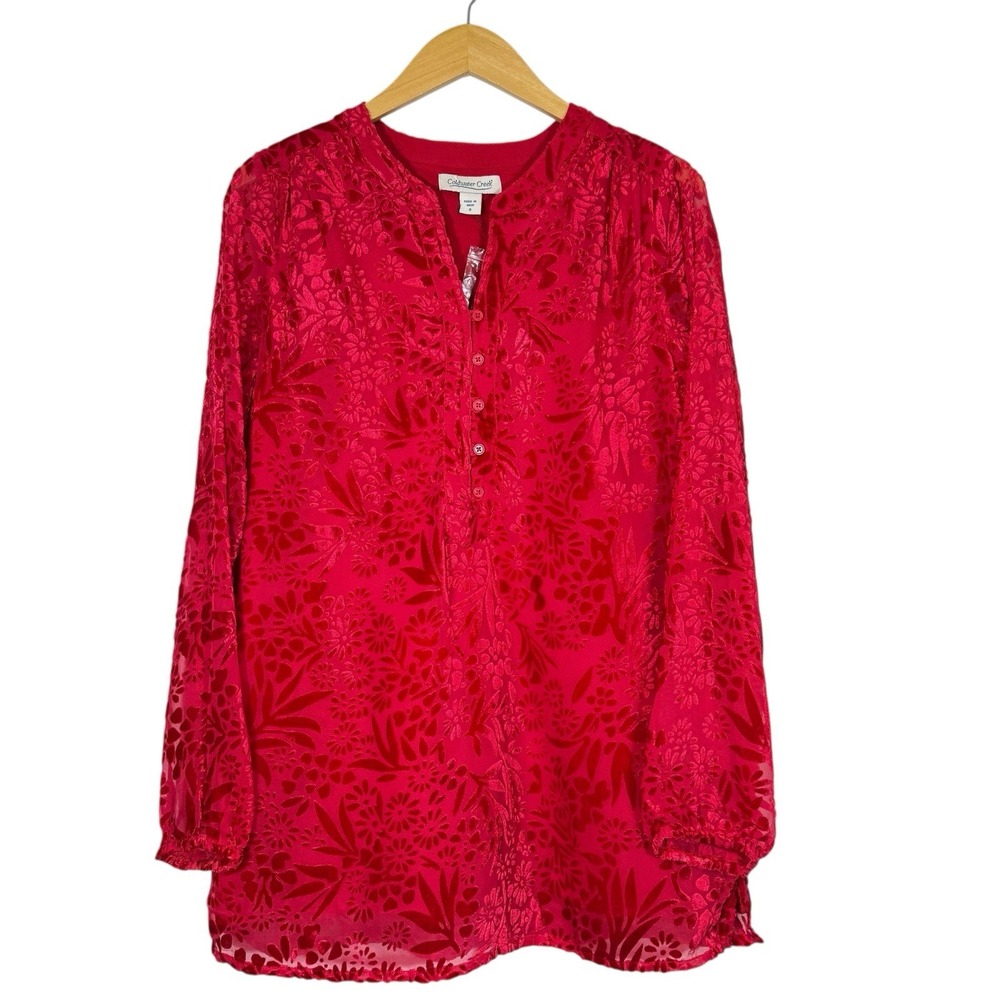 Coldwater Creek Red Burnout‎ Velvet Art Blouse Shirt Top Whimsigoth Button Up S